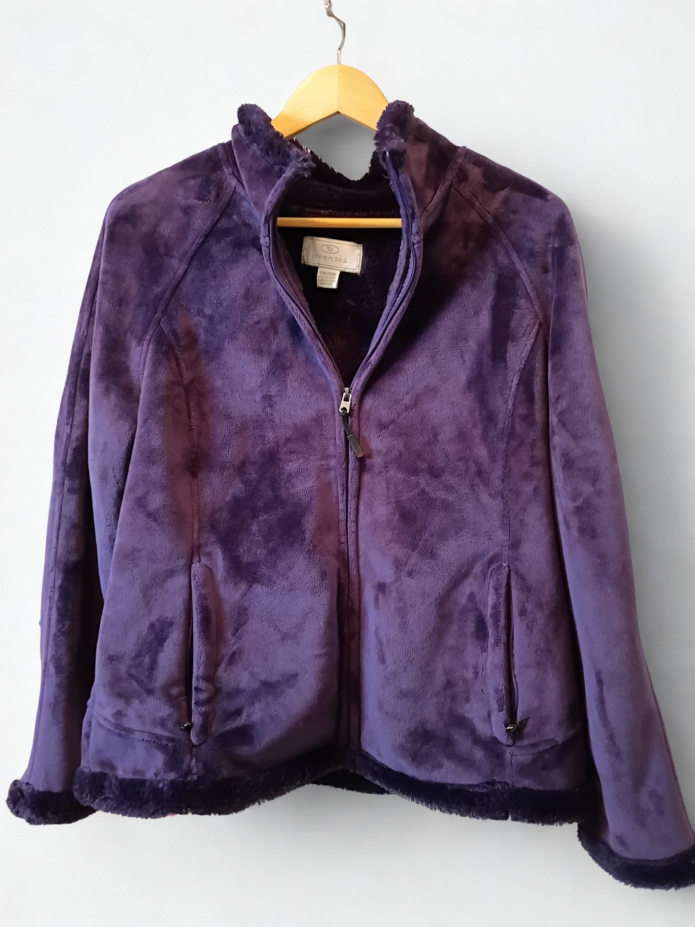 Y2K Women’s Purple Green Tea Faux Fur Lined Zip Up Fleece Jacket Plus Size XXL
